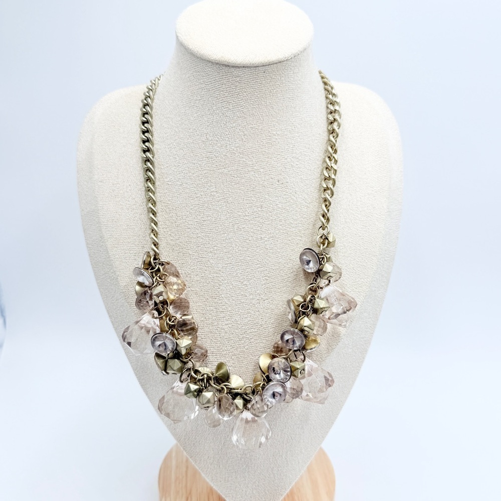Champagne Crystal Statement Necklace – Gold Tone Chain Chunky Bib
